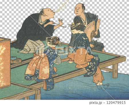 享受涼爽微風的浮世繪插畫 120479915