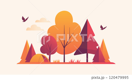 Flat Design Illustration of Camping Tent in Forest with Pine Trees in Autumn Fall Season Flat Design Illustration of Camping Tent in Forest with Pine Trees in Autumn Fall Season 120479995