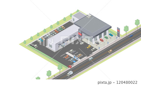 アイソメトリック図法で描いた新車販売店のイメージ（無地） 120480022