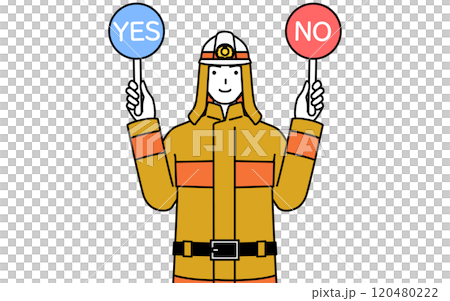 A firefighter in a fire suit holding a stick showing correct and incorrect answers 120480222