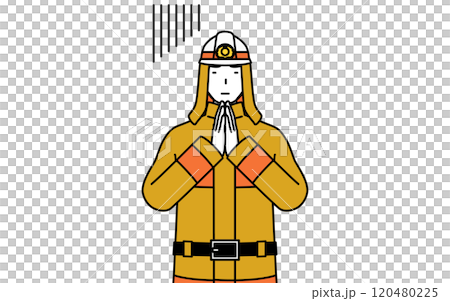 一名身穿消防服的消防員雙手合十放在身前道歉。 120480225