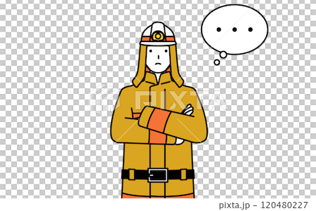 腕を組んで考える防火服姿の消防士 120480227