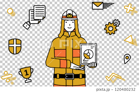 Image of digital transformation: a firefighter in a fire suit using digital technology to improve operations 120480232