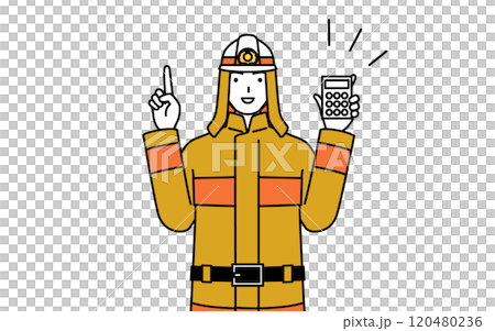電卓を持って指さす防火服姿の消防士 120480236