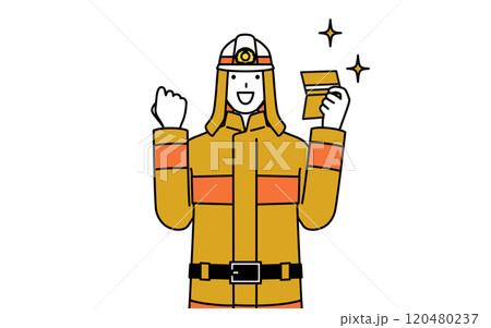 預金通帳を見て喜ぶ防火服姿の消防士 120480237