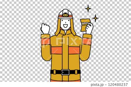 一名身穿防火服的消防員很高興看到他的銀行存摺。 120480237