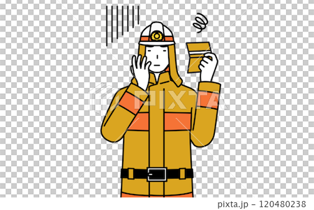 A firefighter in a fire suit is depressed when he sees his bankbook 120480238