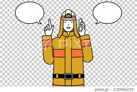 A firefighter in a fire suit pointing while talking on the phone 120480239