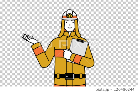 身穿消防服的消防員拿著剪貼板，攤開雙手 120480244