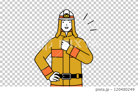 A firefighter in a fire suit beating his chest 120480249