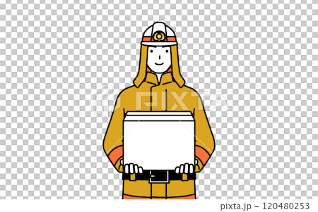 A firefighter in a fire suit carrying cardboard boxes 120480253