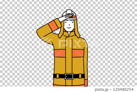 A firefighter in a fire suit saluting 120480254