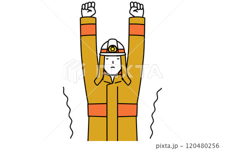 ストレッチで背伸びする防火服姿の消防士 ストレッチで背伸びする防火服姿の消防士 120480256