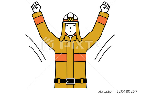 ラジオ体操をする防火服姿の消防士 120480257