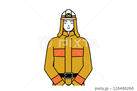体の前で手を重ねる防火服姿の消防士 120480260
