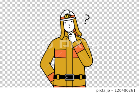 身穿防火服的消防員歪著頭表示疑問 120480261