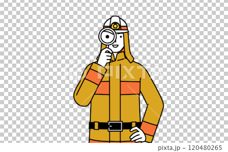 A firefighter in a fire suit holding a magnifying glass and putting his hand on his hip A firefighter in a fire suit holding a magnifying glass and putting his hand on his hip 120480265