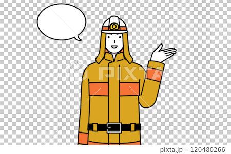 A firefighter in a fire suit giving directions, with a speech bubble A firefighter in a fire suit giving directions, with a speech bubble 120480266