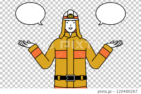 Firefighters in fire suits making a comparison, with speech bubbles 120480267