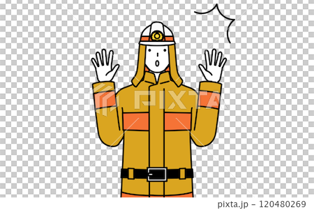 驚いて手を上げる防火服姿の消防士 120480269