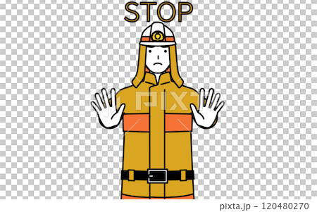 一名身穿消防服的消防員將手伸出身體前方示意停止。 一名身穿消防服的消防員將手伸出身體前方示意停止。 120480270