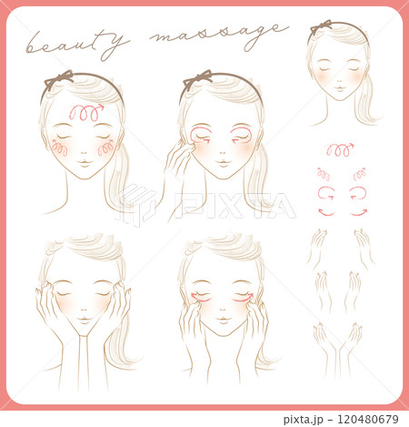 女性が目、頬、顔をマッサージしています。ハンドパーツ、矢印パーツ 女性が目、頬、顔をマッサージしています。ハンドパーツ、矢印パーツ 120480679