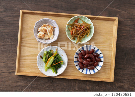 お盆の上の日本のおかず 120480681