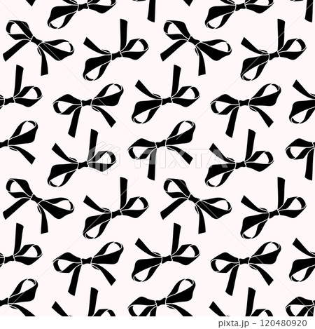 Cute coquette pattern seamless black ribbon bow. Cute feminine romantic background for textile, fabric, wallpaper, wrapping. 120480920