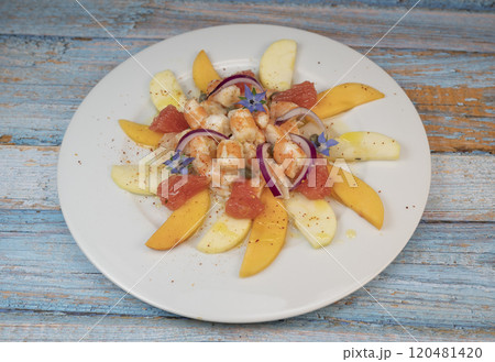 RECIPE CEVICHE OF SHRIMPS AND SCALLOPS WITH CITRUS FRUIT, LEMON, LIME, SQUEEZED ORANGE, GRAPEFRUIT 120481420