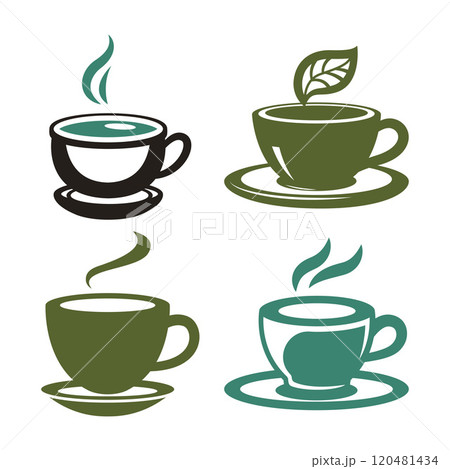 Set of A Cup of Hot Green Tea Aromatic Herbal Healthy Drink with Leaves in Cafe Set of A Cup of Hot Green Tea Aromatic Herbal Healthy Drink with Leaves in Cafe 120481434