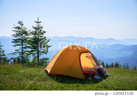 Bright yellow tent with camping gear on grassy hillside, overlooking breathtaking panorama of blue-tinged mountains. Young pine trees under clear blue sky, creating serene, picturesque camping spot. 120481536