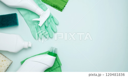 Concept of cleanliness and hygiene. Cleaning supplies and tools, including bottles, gloves, sponges, cloths Concept of cleanliness and hygiene. Cleaning supplies and tools, including bottles, gloves, sponges, cloths 120481836