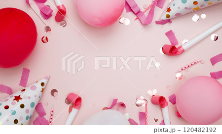 Concept of festive birthday celebrations. Birthday attributes colorful balloons, party hats, candles, confetti 120482192