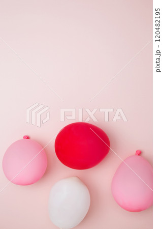 Concept of festive birthday celebrations. Birthday attributes colorful balloons 120482195