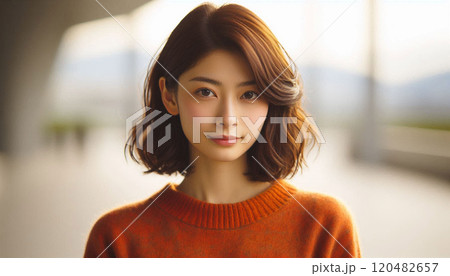 赤いセーターを着た若い日本人女性 120482657