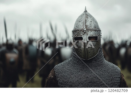 Portrait of medieval knight in chainmail helmet 120482709