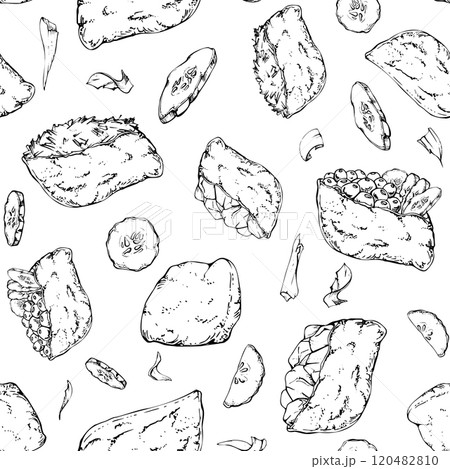 Traditional Japanese food, inari sushi with raw fish salmon tuna crab, tofu wrap, caviar cucumber ginger hand drawn in vector pen, ink. Seamless pattern for restaurant, cafe menu, kitchen, recipe book 120482810