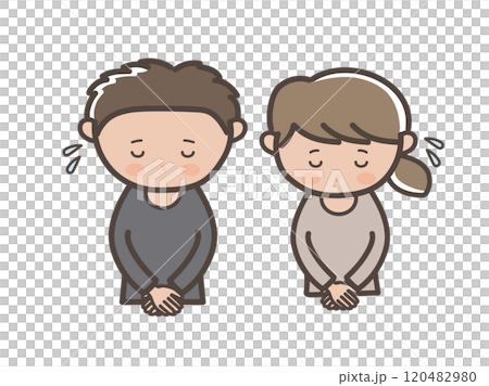 Upper body illustration of a young couple bowing and apologizing 120482980