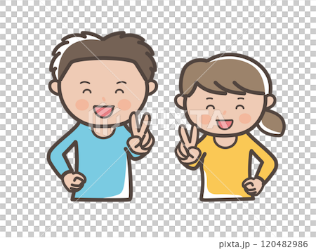Upper body illustration of a young couple smiling and making a peace sign Upper body illustration of a young couple smiling and making a peace sign 120482986