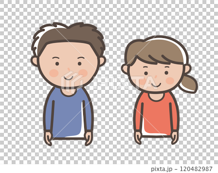 一對年輕男女面帶微笑面向前方的上半身插圖 一對年輕男女面帶微笑面向前方的上半身插圖 120482987