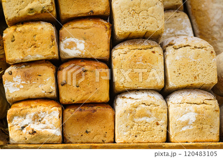 Many rustic fresh bread loaves 120483105