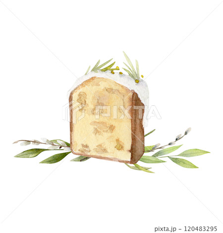 Watercolor composition with a piece of Easter cake decorated glaze which stands on branches 120483295