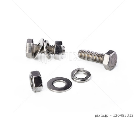 Hex bolt nut and washer on white background Hex bolt nut and washer on white background 120483312