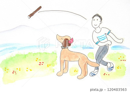 野原で犬と遊ぶ男性 野原で犬と遊ぶ男性 120483563