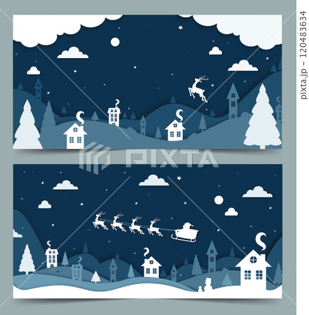 Christmas background, paper cut vector. Merry Christmas and happy new year greeting text with deer, paper cut pine tree and clouds decoration elements. Vector illustration 120483634