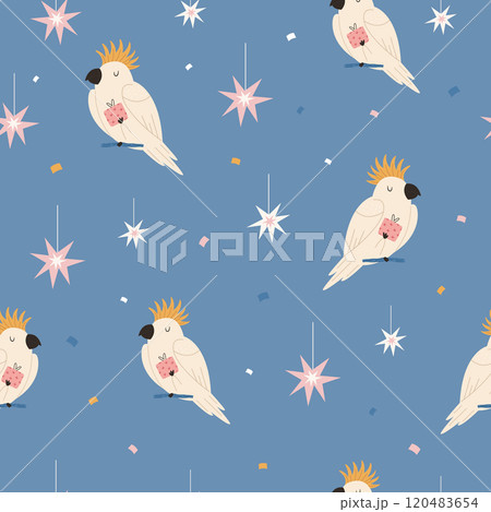 Christmas seamless pattern with adorable Australian cockatoo parrots. 120483654