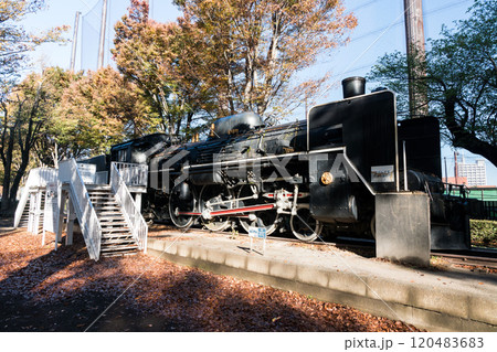 大蔵運動公園の蒸気機関車　秋晴れの青空　東京都世田谷区大蔵 120483683