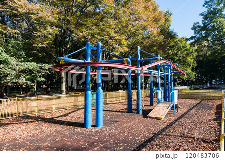 砧公園　みんなのひろばのターザンロープ　秋晴れの青空　東京都世田谷区砧公園 120483706