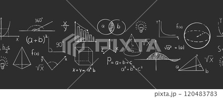 Math doodle hand drawn border, with formula, geometric shapes, chalk texture. School science lesson on blackboard background. Study seamless illustration. Math doodle hand drawn border, with formula, geometric shapes, chalk texture. School science lesson on blackboard background. Study seamless illustration. 120483783