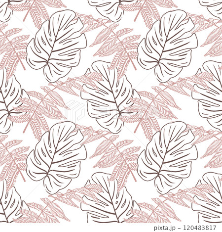 Tropical seamless pattern. Monstera and fern leaves. Hand drawn vector illustration in graphic style. For cards, packaging, textile, fabric, covers. Tropical seamless pattern. Monstera and fern leaves. Hand drawn vector illustration in graphic style. For cards, packaging, textile, fabric, covers. 120483817